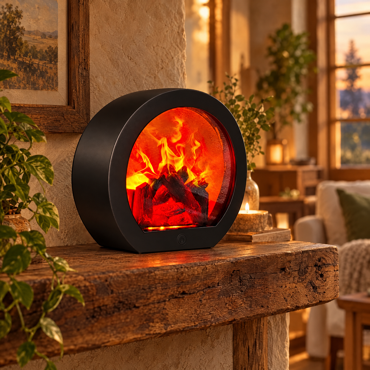 Fireplace lantern glowing on a rustic wood mantel