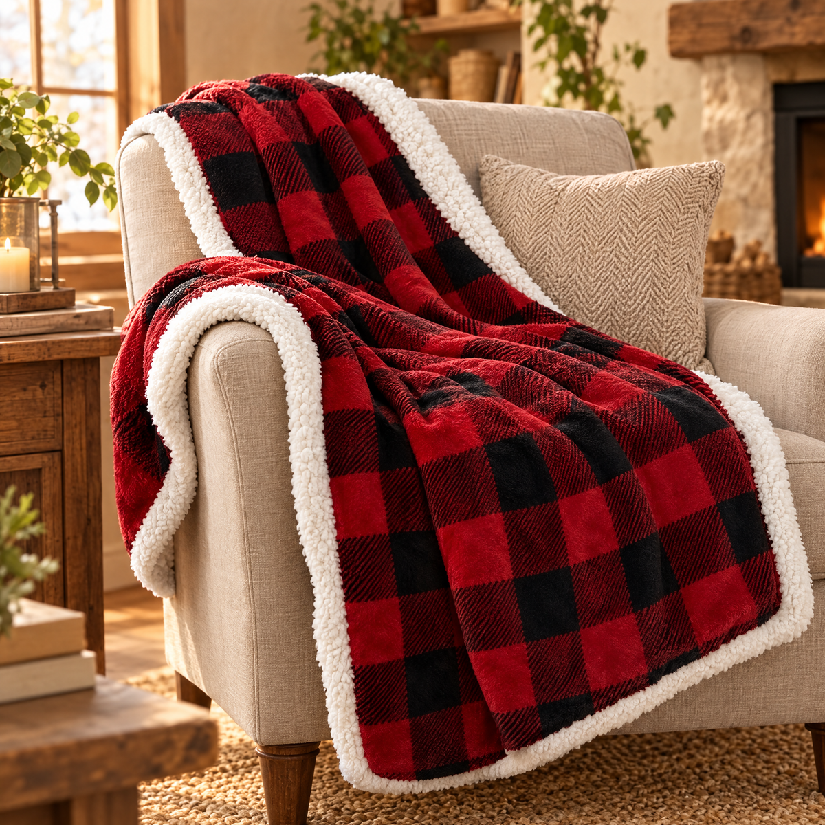 Buffalo plaid sherpa throw draped over an armchair