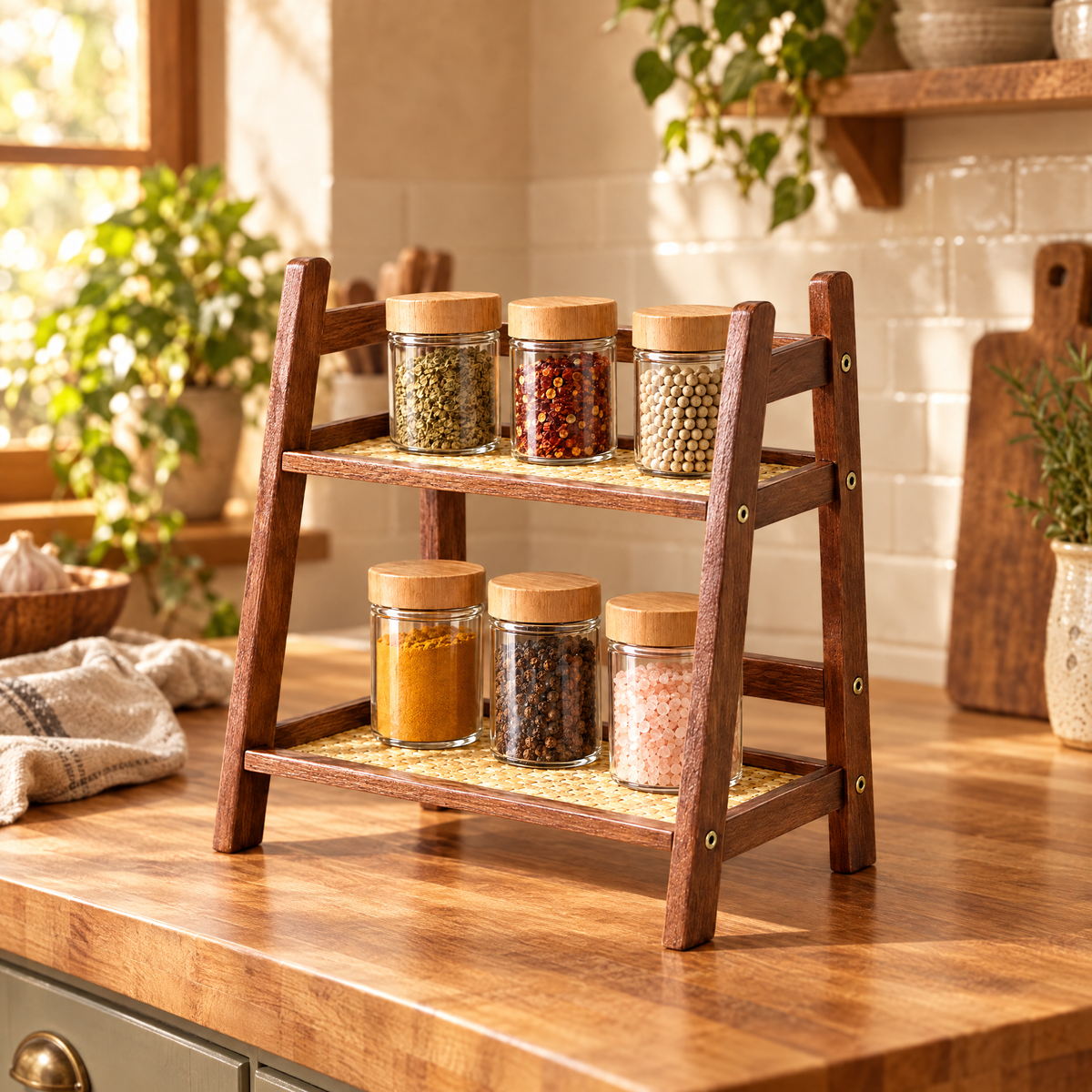 Two-tier wooden spice rack on a kitchen counter