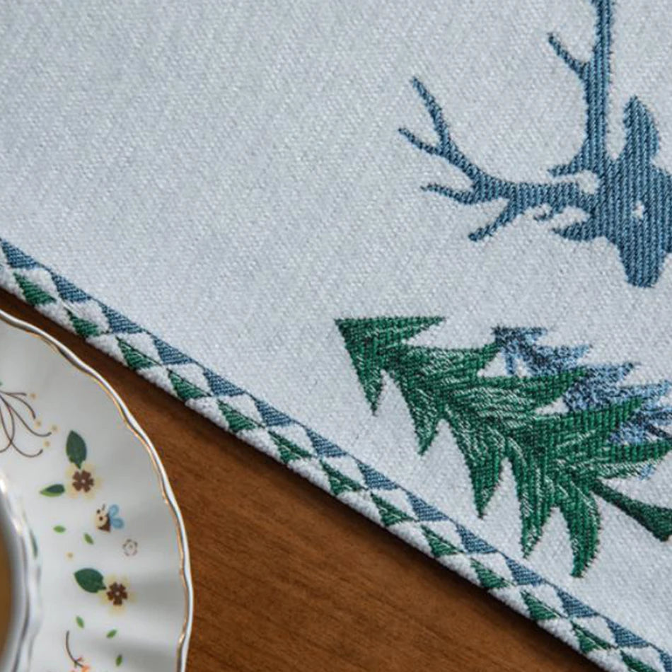 Embroidered Pine Tree Table Runner, Holiday Runner with Beaded Tassels