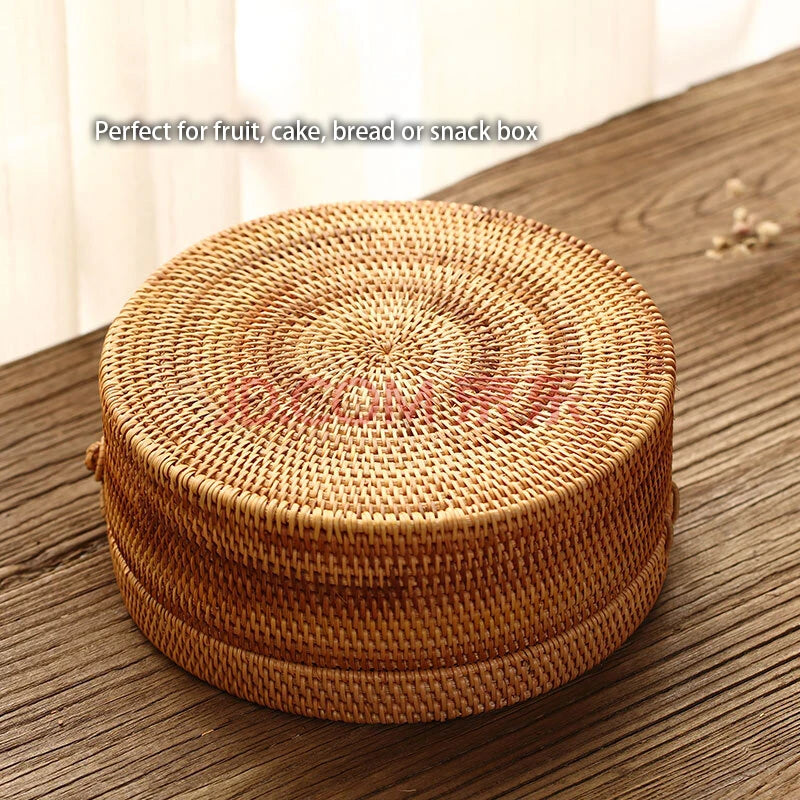 Handwoven Rattan Storage Box, Lidded Basket with Porcelain Inlay