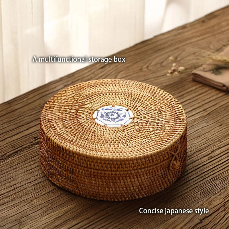 Handwoven Rattan Storage Box, Lidded Basket with Porcelain Inlay