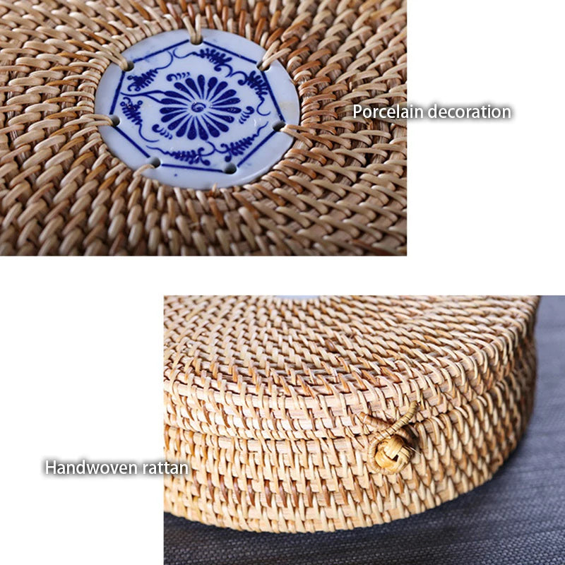 Handwoven Rattan Storage Box, Lidded Basket with Porcelain Inlay