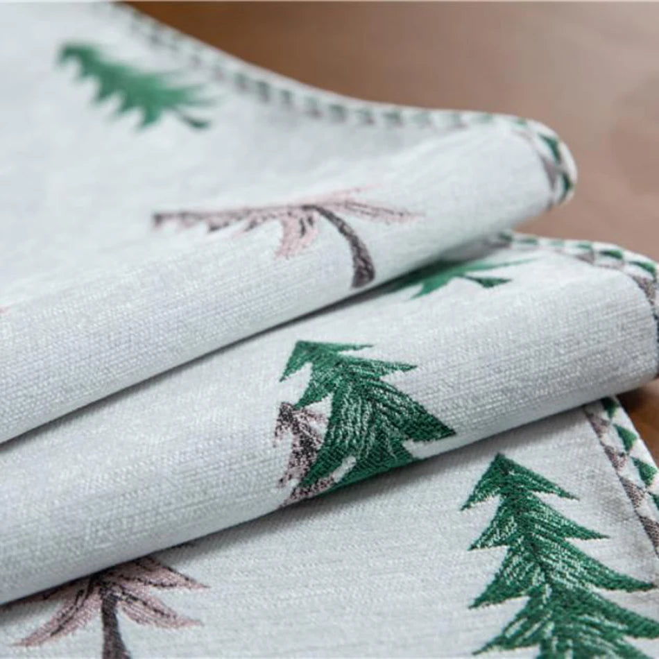 Embroidered Pine Tree Table Runner, Holiday Runner with Beaded Tassels
