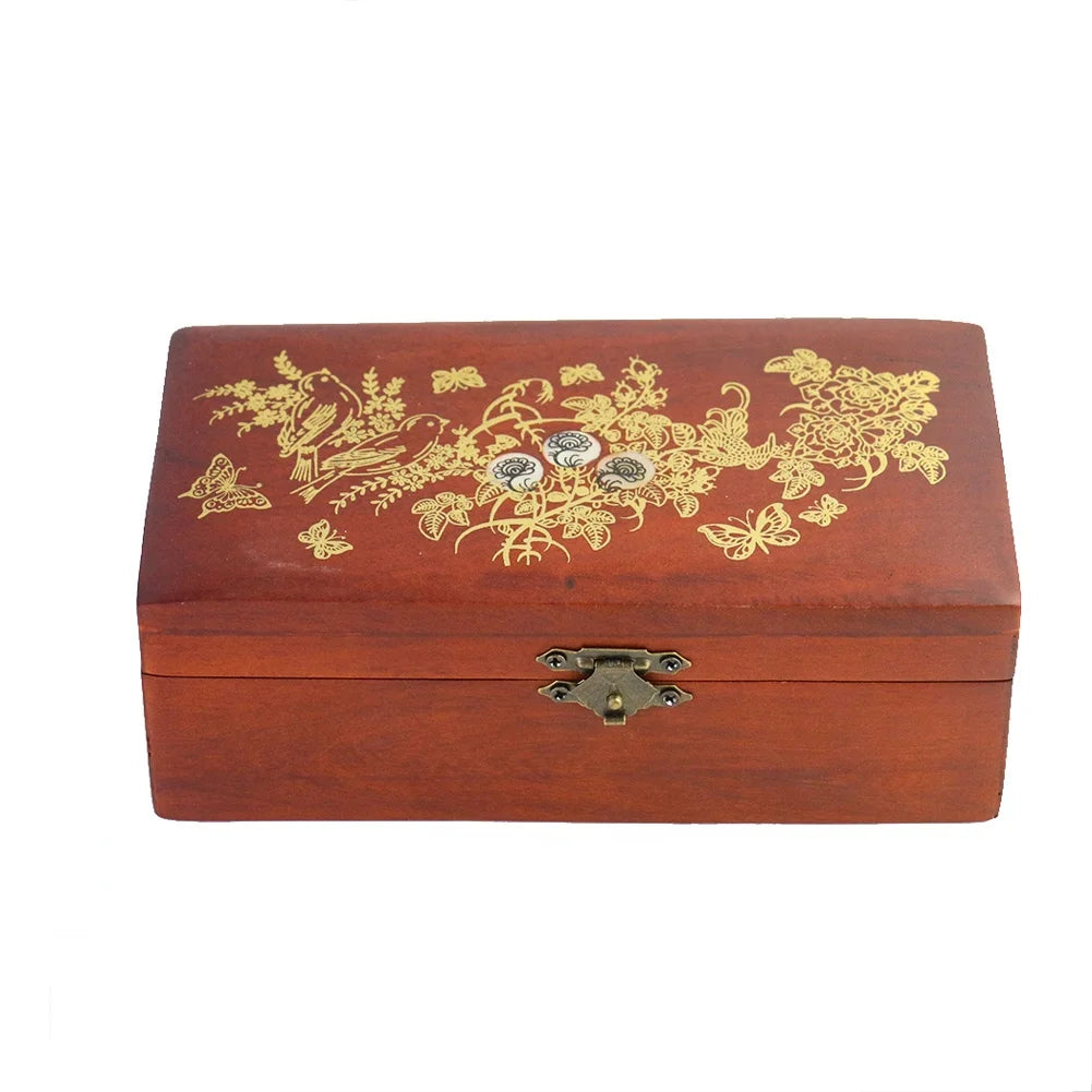 Carved Wooden Jewelry Box, Mother-of-Pearl Inlay with Mirror
