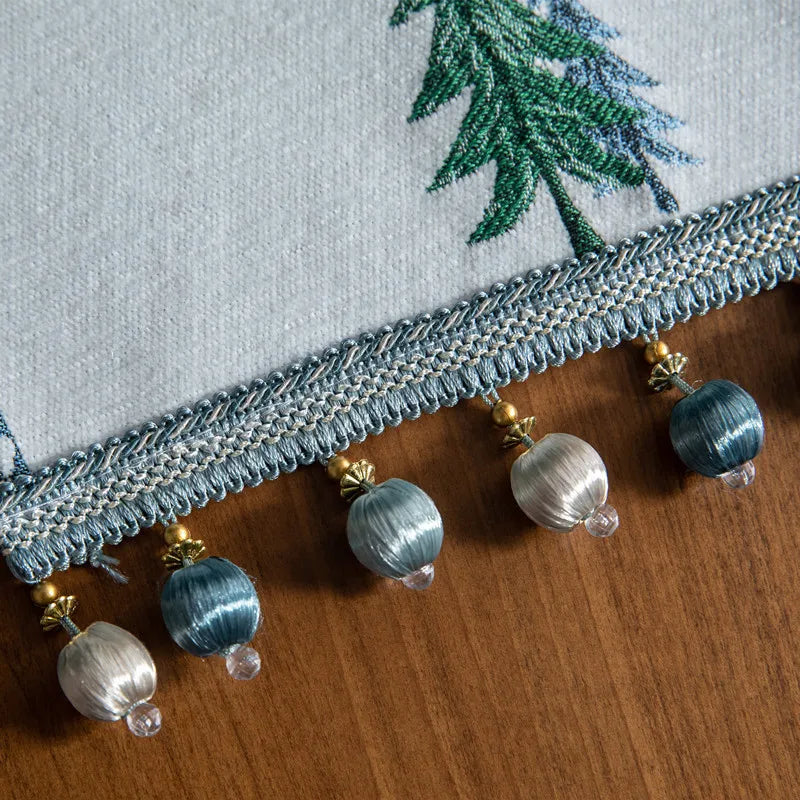 Embroidered Pine Tree Table Runner, Holiday Runner with Beaded Tassels
