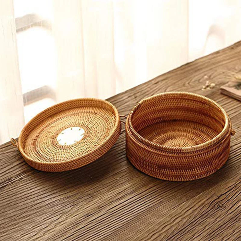 Handwoven Rattan Storage Box, Lidded Basket with Porcelain Inlay