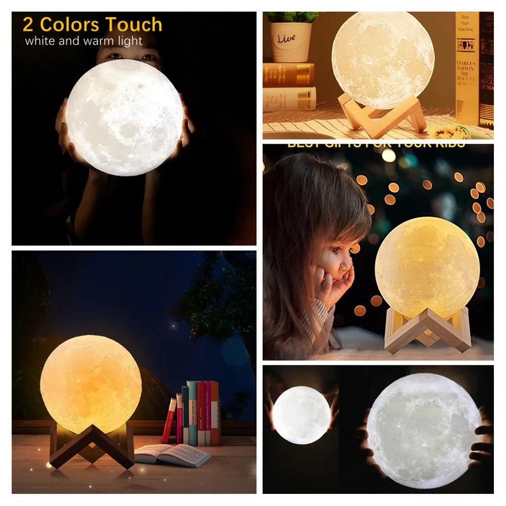 Moon Lamp, 3D Printed Lunar Night Light with Wood Stand