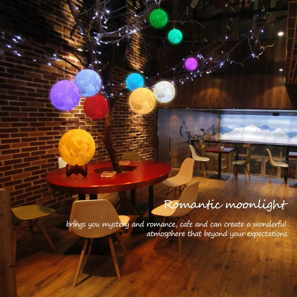 Moon Lamp, 3D Printed Lunar Night Light with Wood Stand