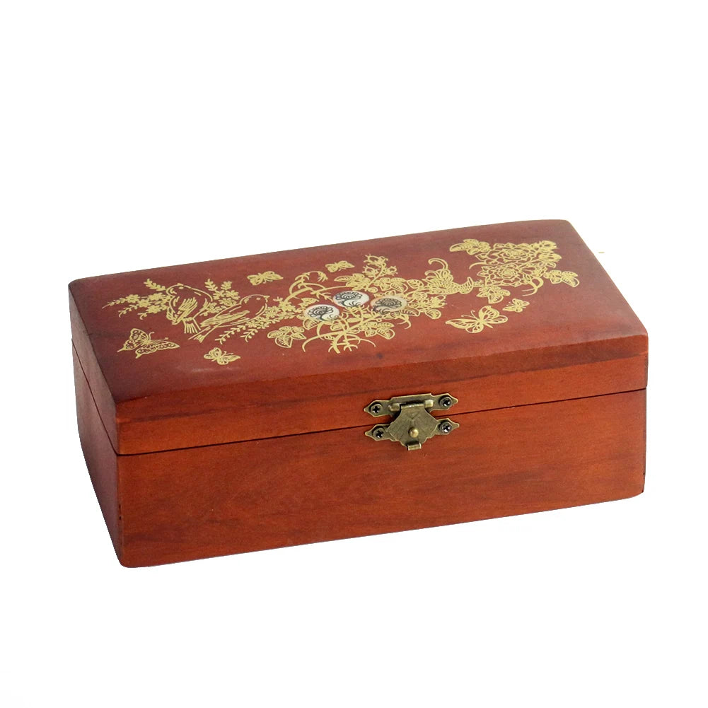 Carved Wooden Jewelry Box, Mother-of-Pearl Inlay with Mirror