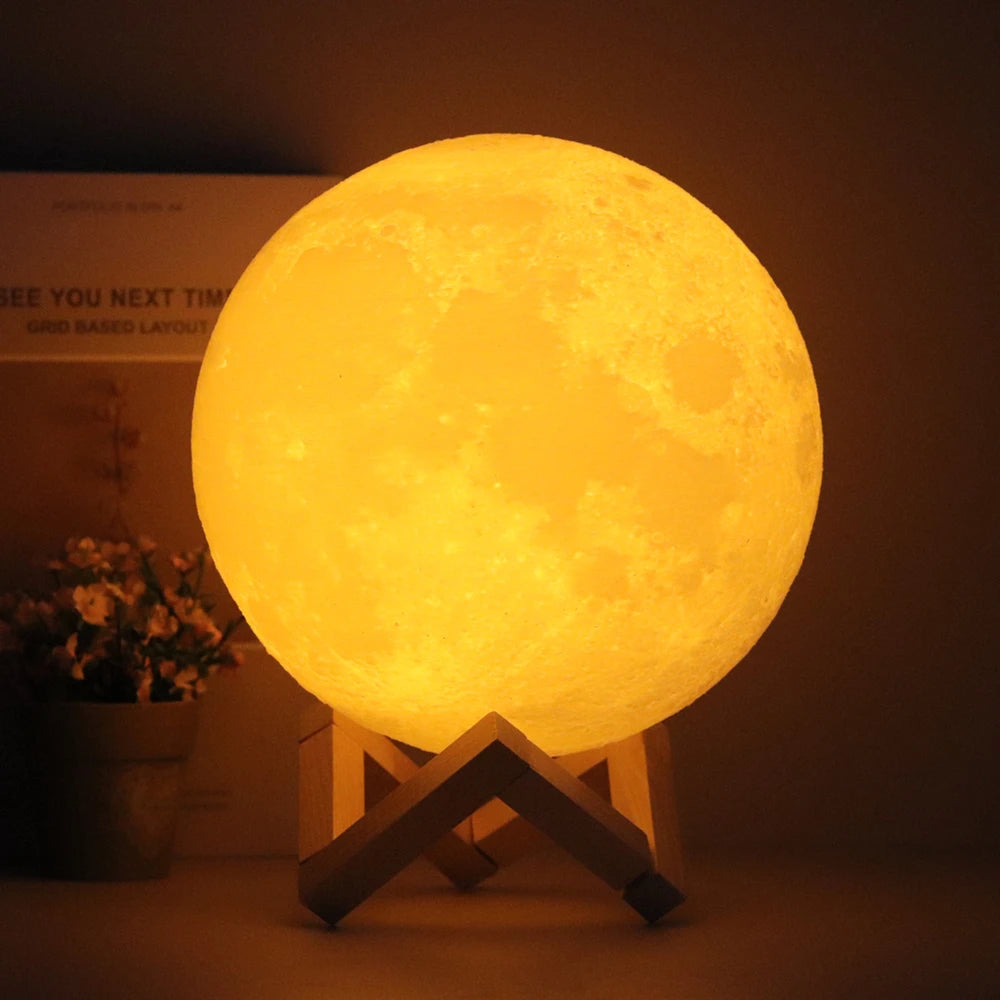 Moon Lamp, 3D Printed Lunar Night Light with Wood Stand