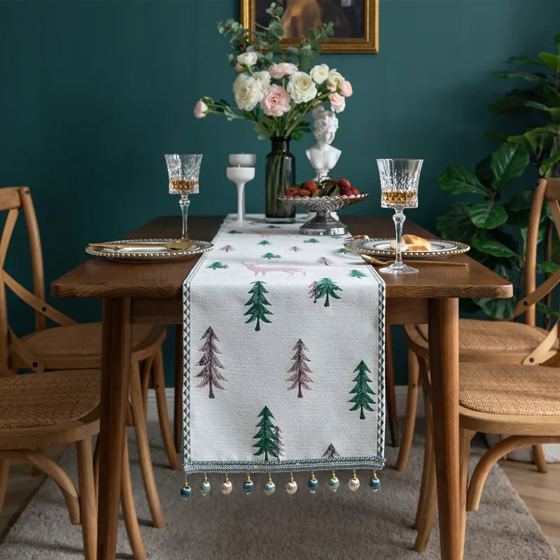 Embroidered Pine Tree Table Runner, Holiday Runner with Beaded Tassels