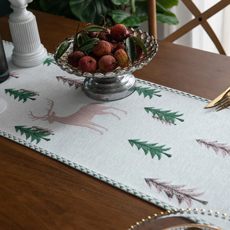 Embroidered Pine Tree Table Runner, Holiday Runner with Beaded Tassels