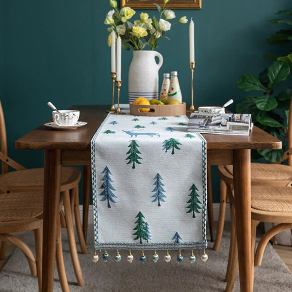 Embroidered Pine Tree Table Runner, Holiday Runner with Beaded Tassels