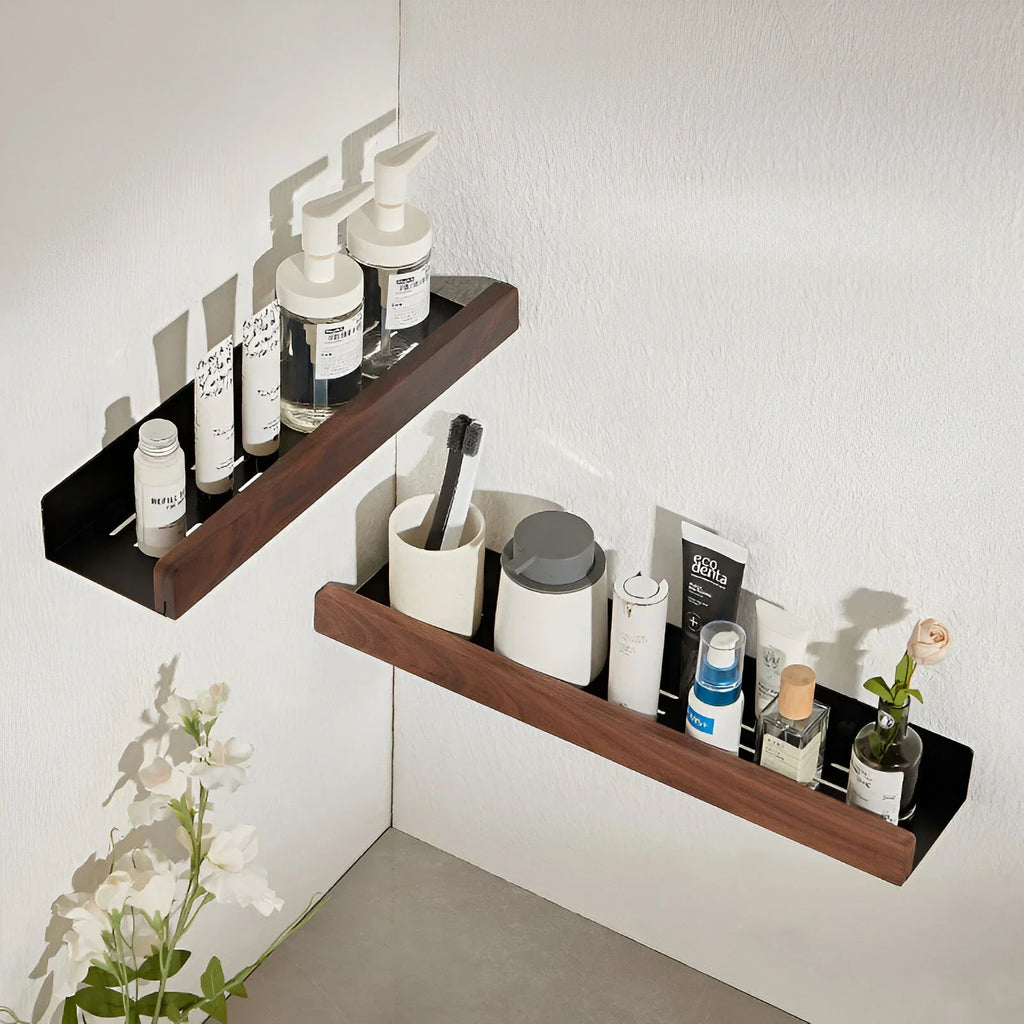 Walnut Bathroom Shelf, Wall-Mounted Wood & Metal Shelf