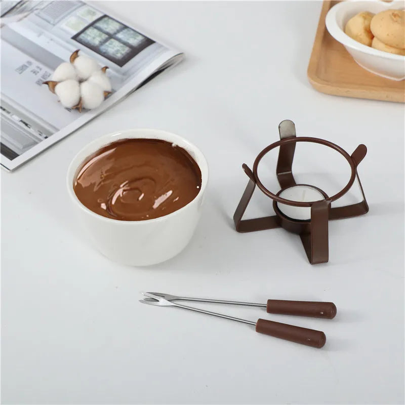 Ceramic Fondue Set, Tealight Chocolate & Cheese Pot with Forks