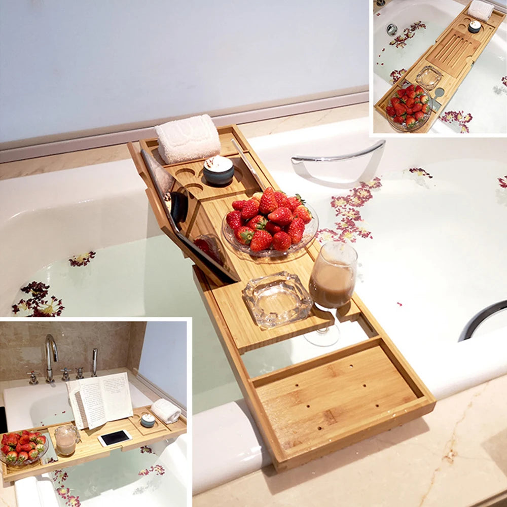 Bamboo Bathtub Caddy Tray, Extendable Bath Tray with Book & Wine Holder