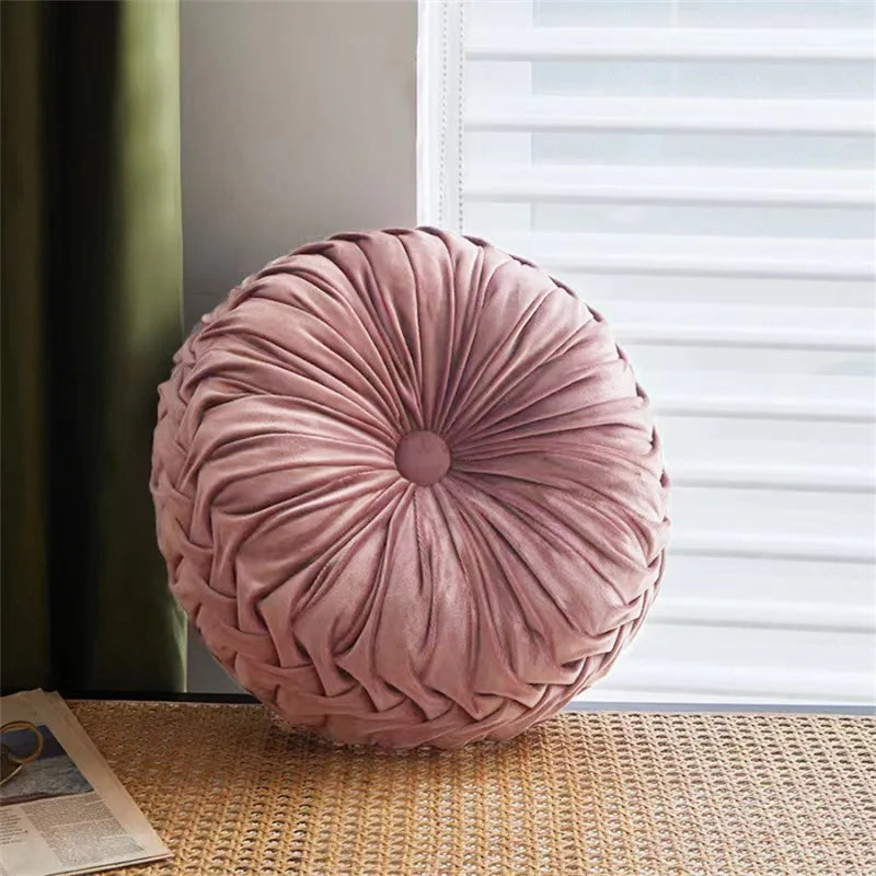 Pleated Velvet Pumpkin Pillow, Round Tufted Throw Cushion