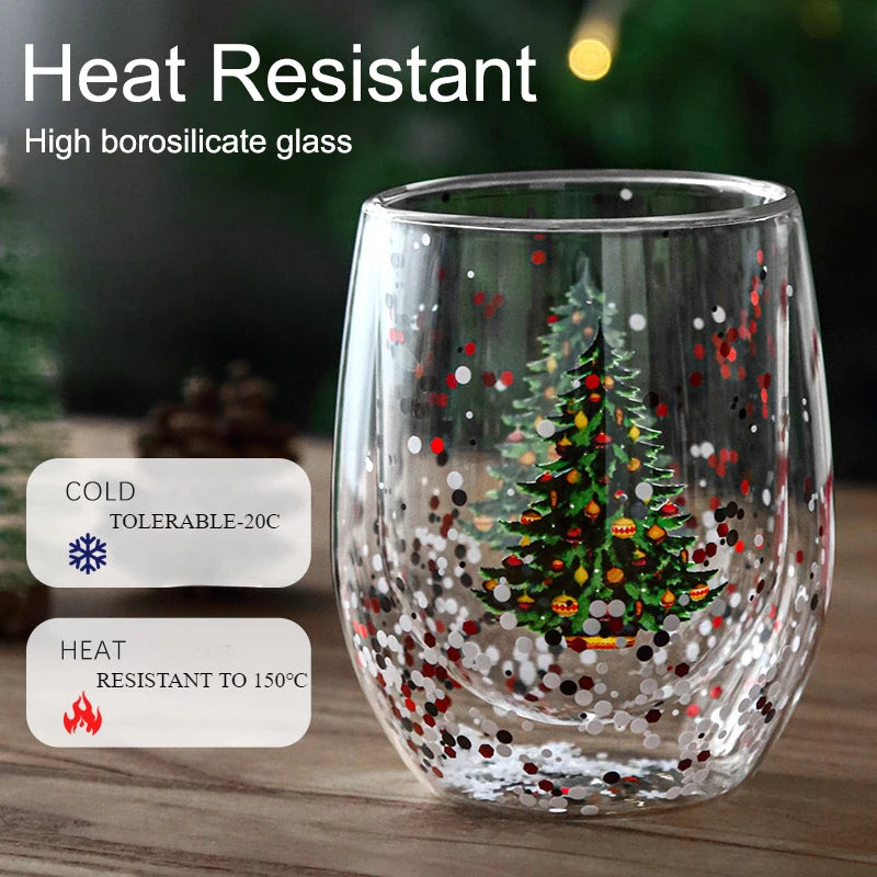 Christmas Glitter Glass Cup, Double Wall Snow Globe Mug (300ml)