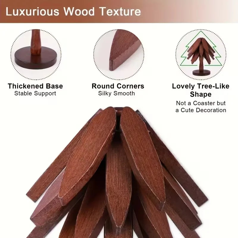Tree Trivet Set, Folding Wooden Trivets on a Stand