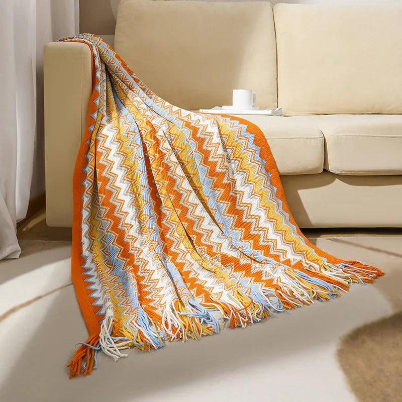 Boho Woven Throw Blanket with Tassels, Chevron Knit Couch Throw