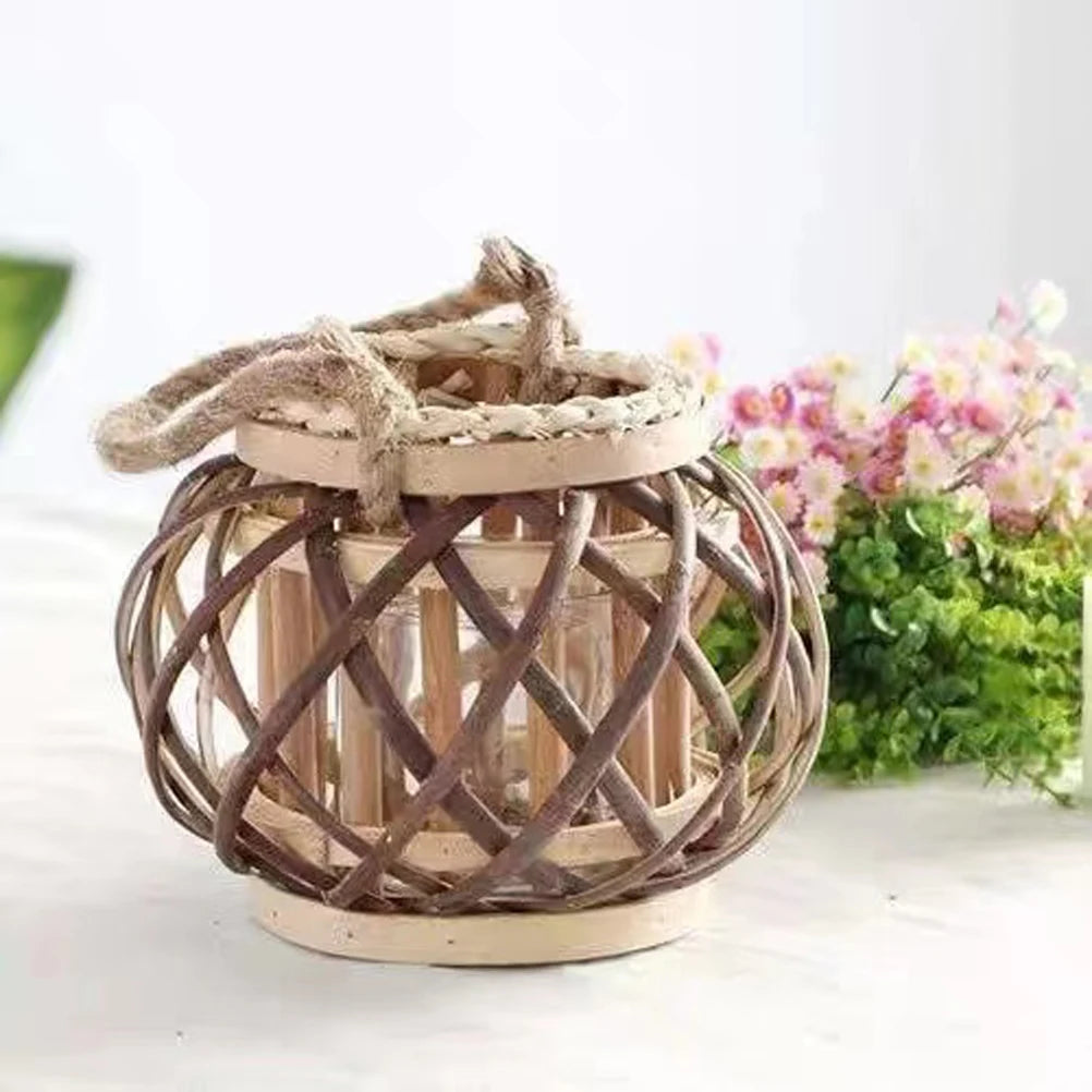 Woven Bamboo Lantern, LED Candle Lantern with Rope Handle