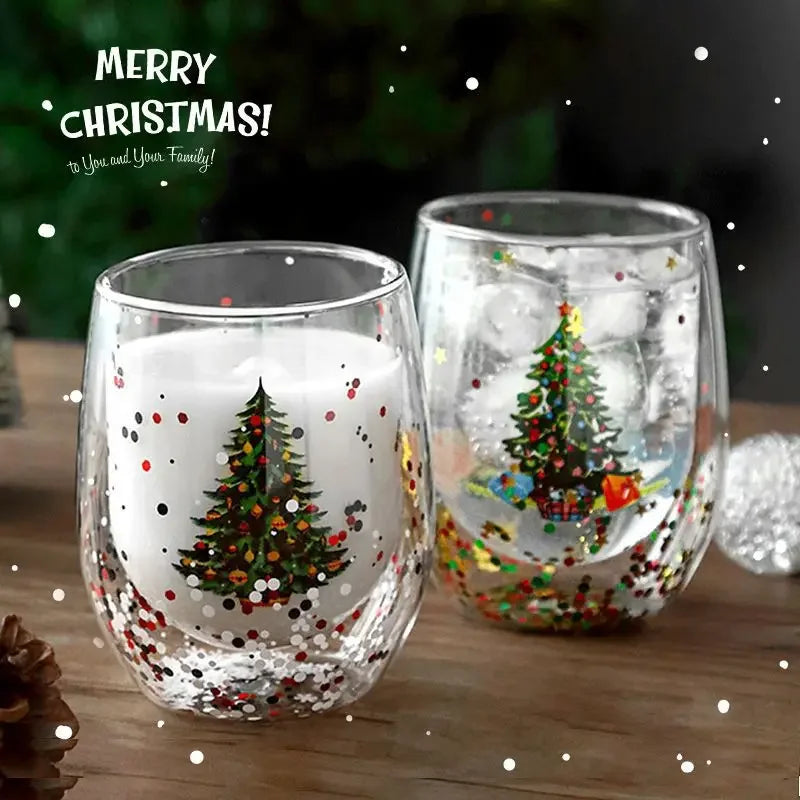 Christmas Glitter Glass Cup, Double Wall Snow Globe Mug (300ml)