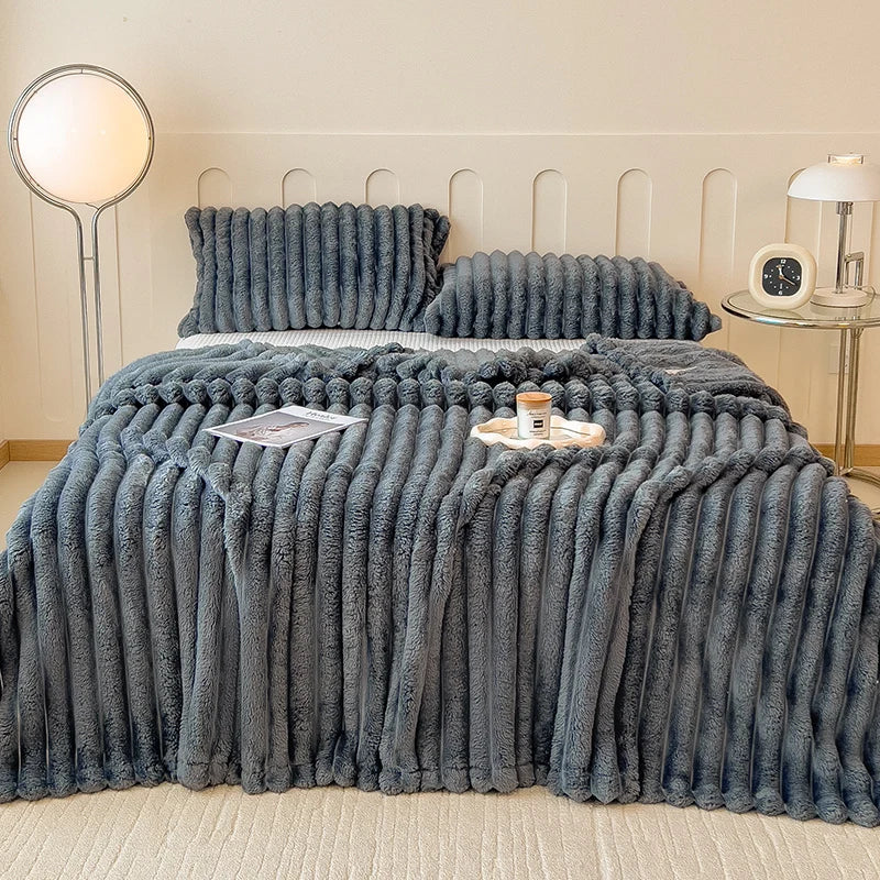 Cream ribbed faux fur throw blanket