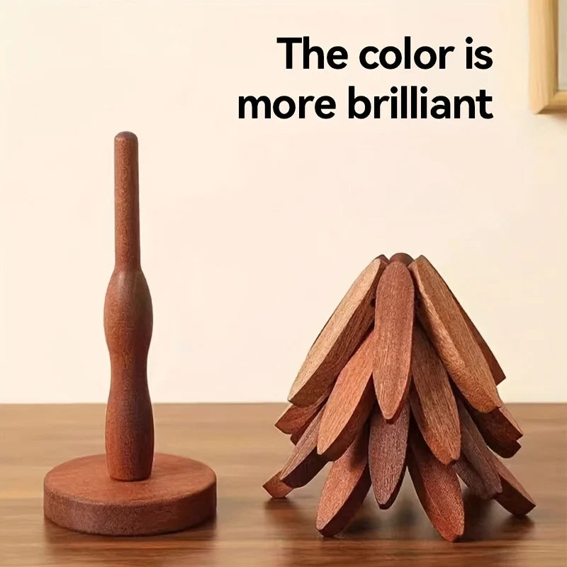 Tree Trivet Set, Folding Wooden Trivets on a Stand