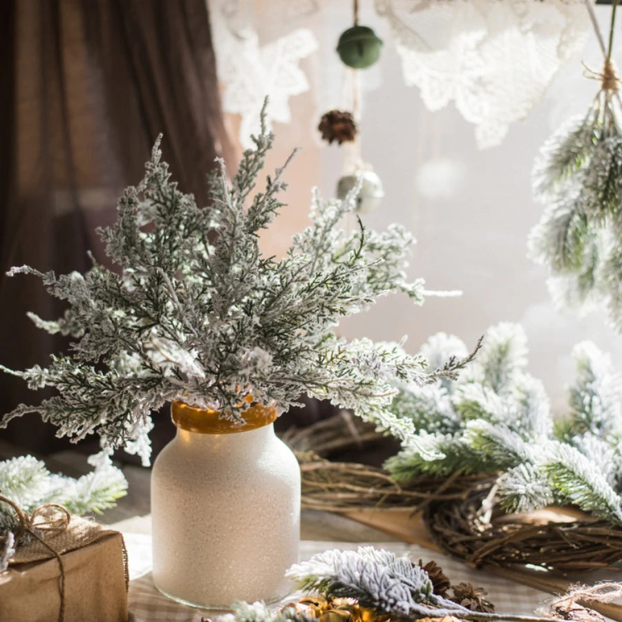 Flocked Cedar Stems, Snowy Faux Pine Branch