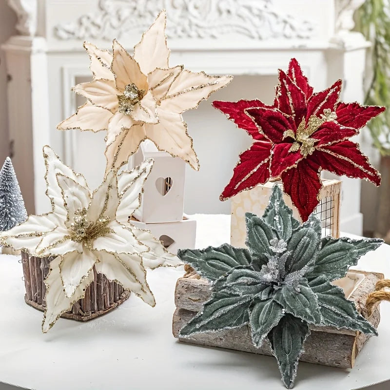 Velvet Poinsettia Stems, Glitter Christmas Flowers (Set of 4)