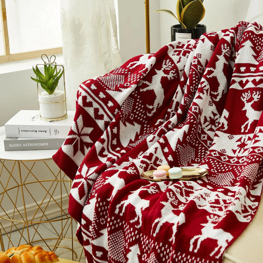 Nordic Knit Christmas Throw, Red Fair Isle Blanket