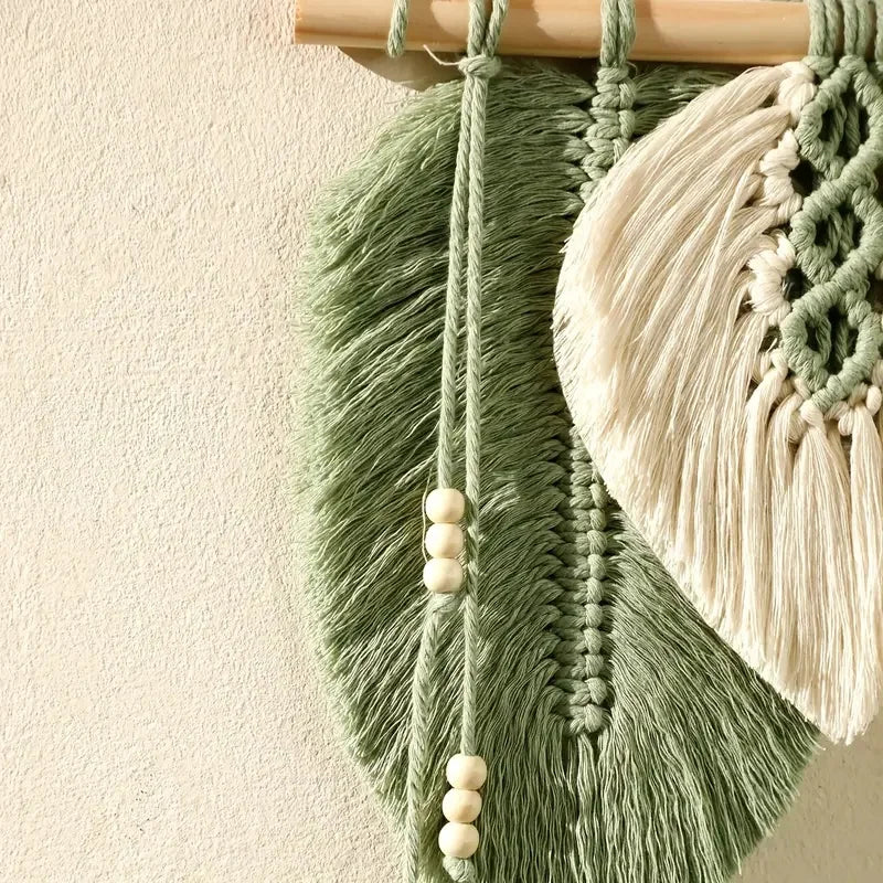 Macrame Leaf Wall Hanging, Handmade Boho Feather Wall Art