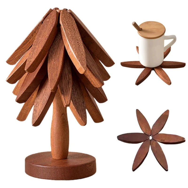 Tree Trivet Set, Folding Wooden Trivets on a Stand