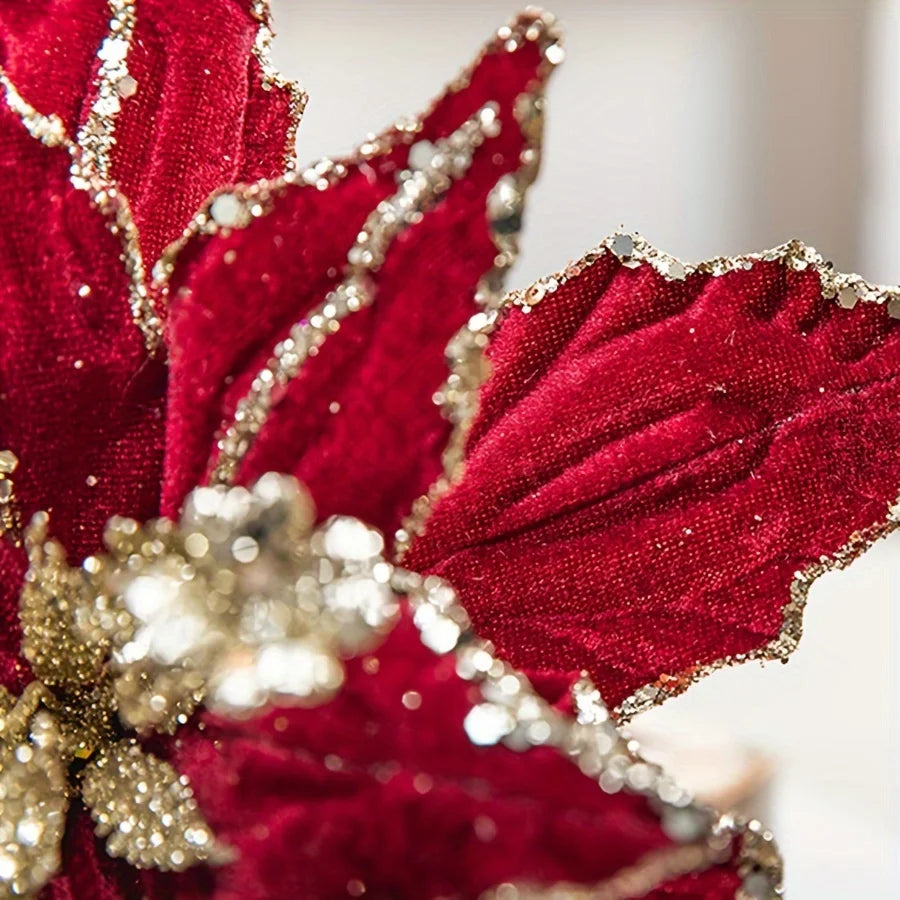 Velvet Poinsettia Stems, Glitter Christmas Flowers (Set of 4)