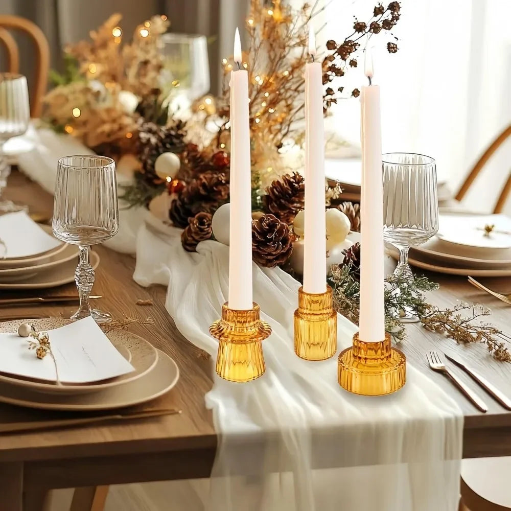Ribbed Glass Candle Holders, Taper & Tealight Set of 3