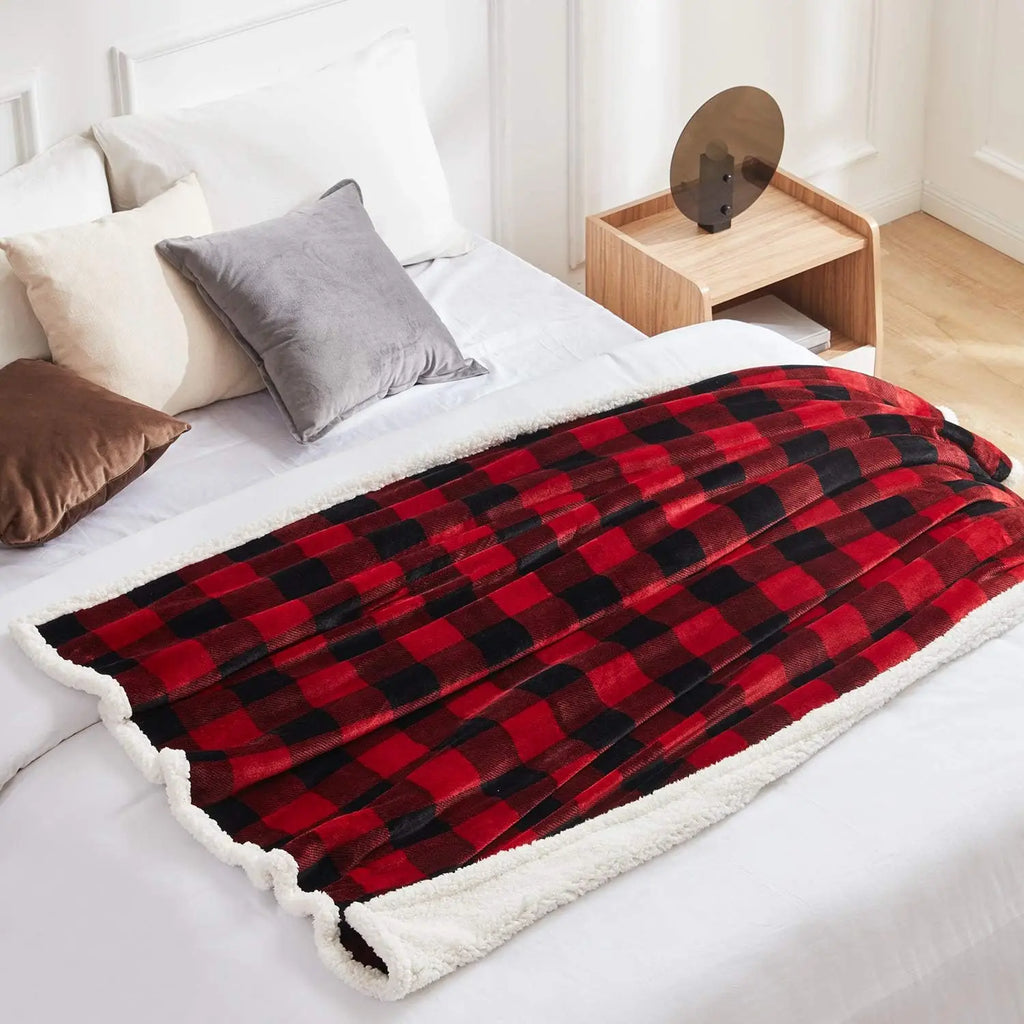 Buffalo Plaid Sherpa Throw, Red & Black Plush Blanket