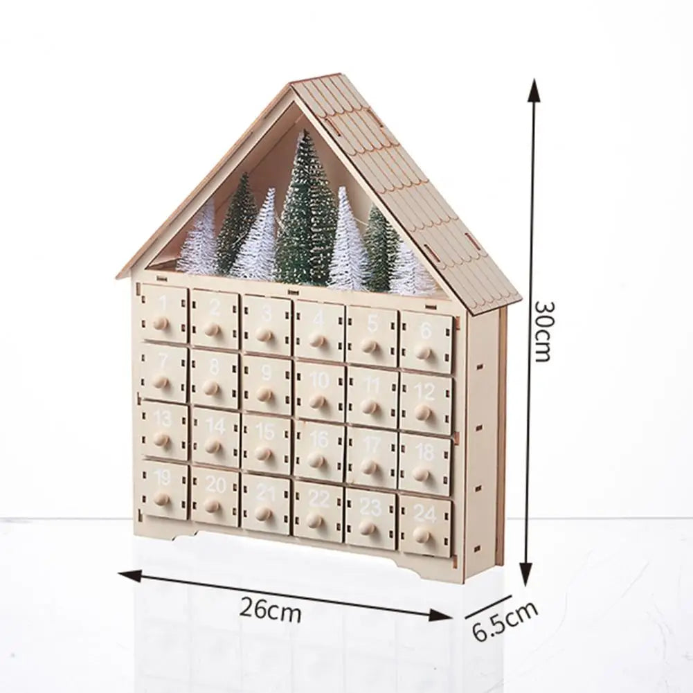 Wooden Advent Calendar House, 24 Drawers with Pine Tree Window