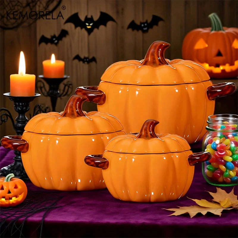 Ceramic Pumpkin Casserole with Lid, Oven-Safe Pumpkin Soup Bowl