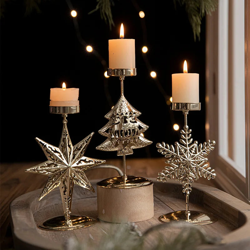 Gold Christmas Candle Holder, Snowflake, Star or Tree Candlestick