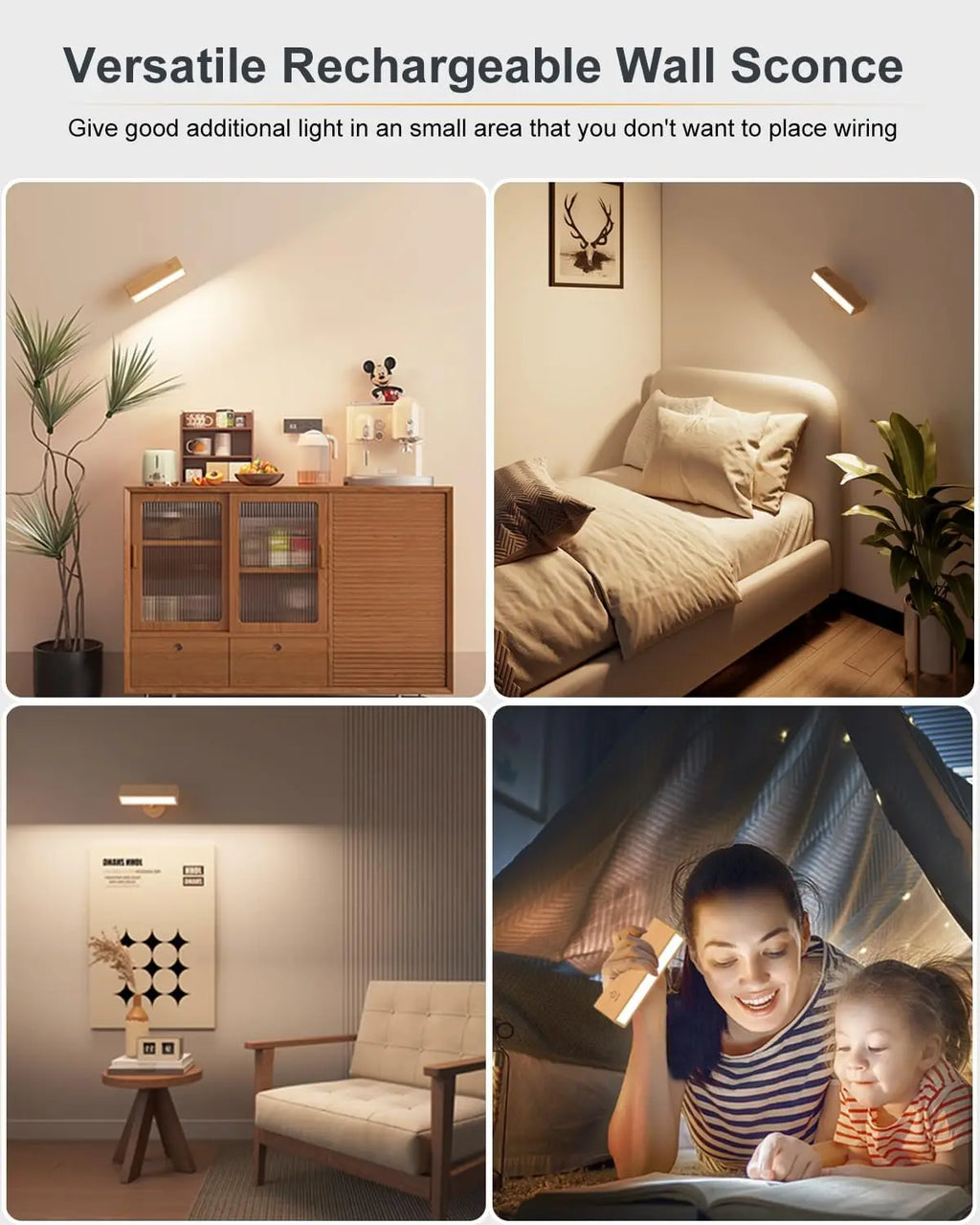 Wooden Wall Sconce, Cordless Rechargeable Reading Light
