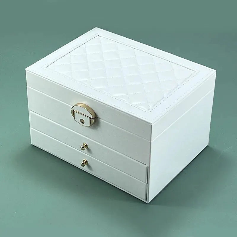Quilted Leather Jewelry Box, 3-Tier Drawer Organizer