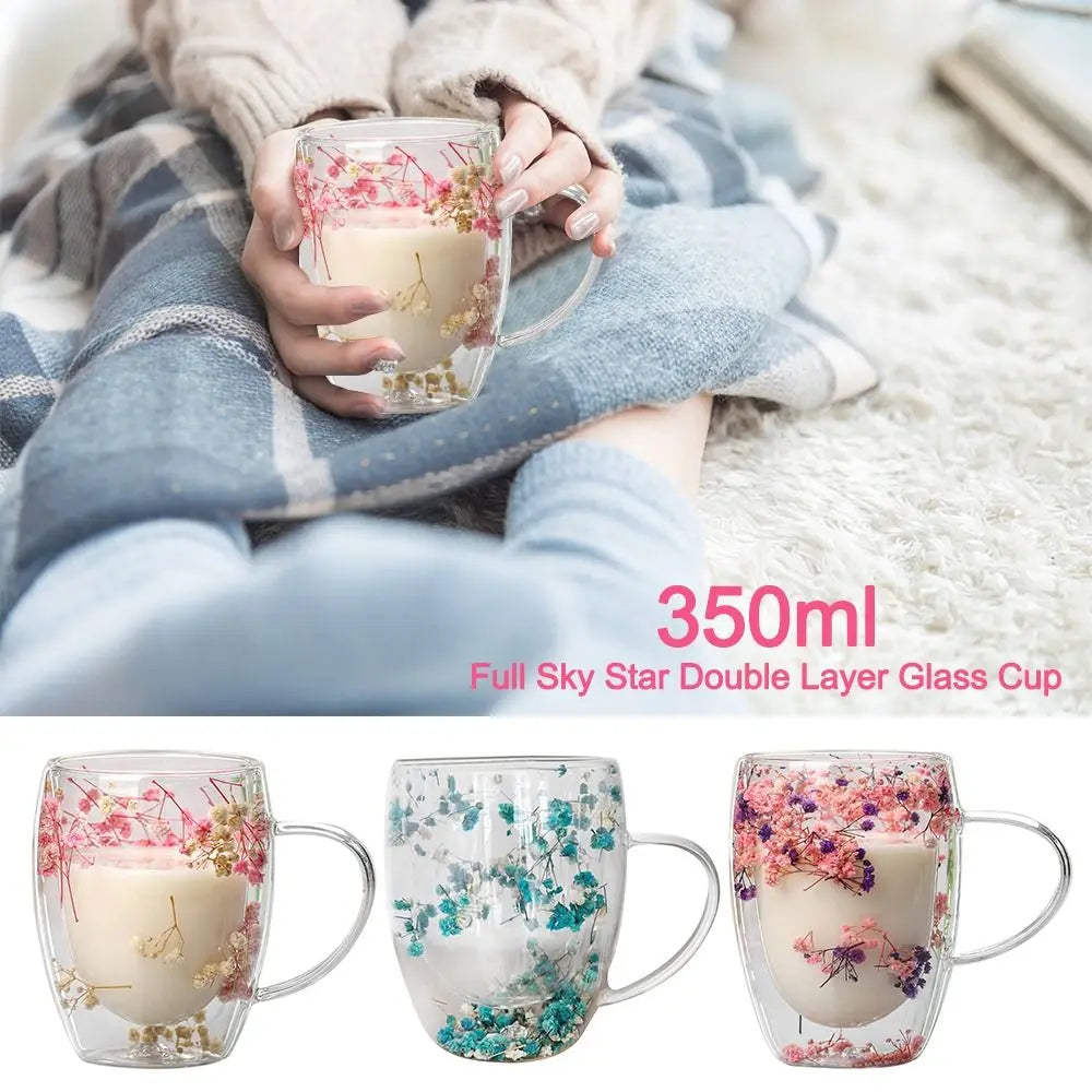 Dried Flower Glass Mug, Double Wall Coffee Cup (350ml)