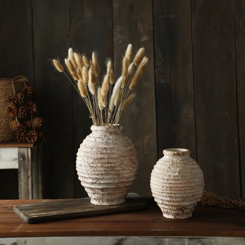 Rustic Clay Vase, Vintage Distressed Pottery Vase