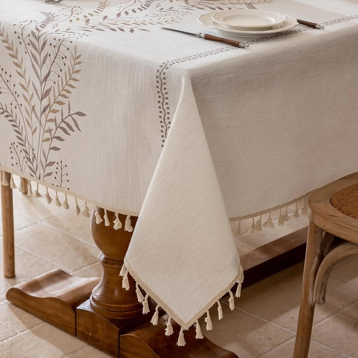 Embroidered Linen Tablecloth, Farmhouse Table Cover with Tassels