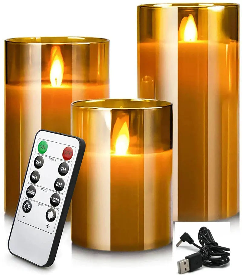 Real Wax Flameless Pillar Candles, Rechargeable LED Set of 3 in Glass