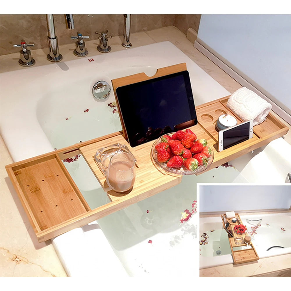 Bamboo Bathtub Caddy Tray, Extendable Bath Tray with Book & Wine Holder
