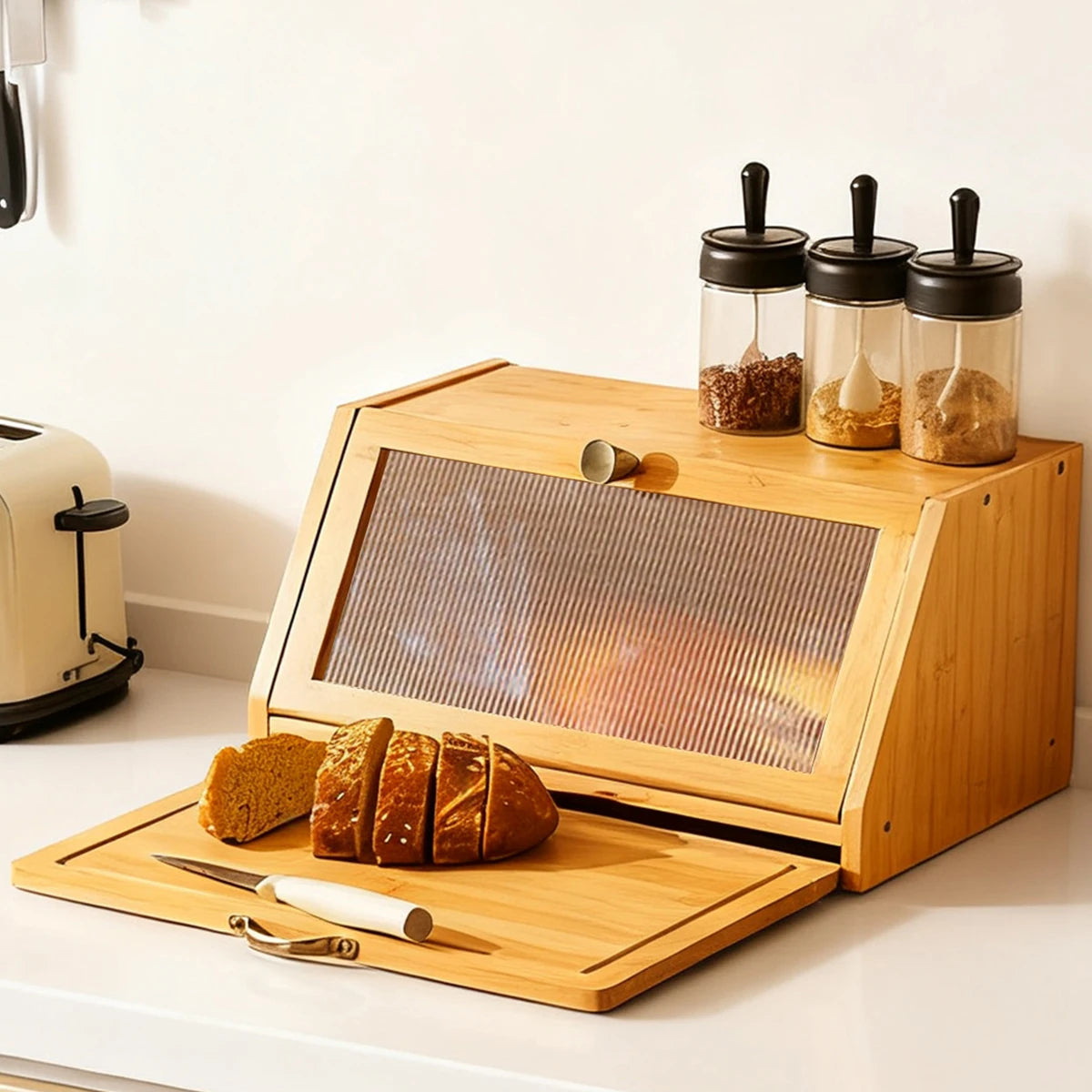 Bamboo Bread Box with Cutting Board, Countertop Bread Bin
