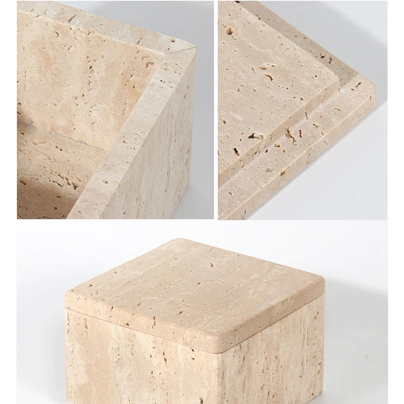 Travertine Stone Canister, Lidded Vanity Storage Box