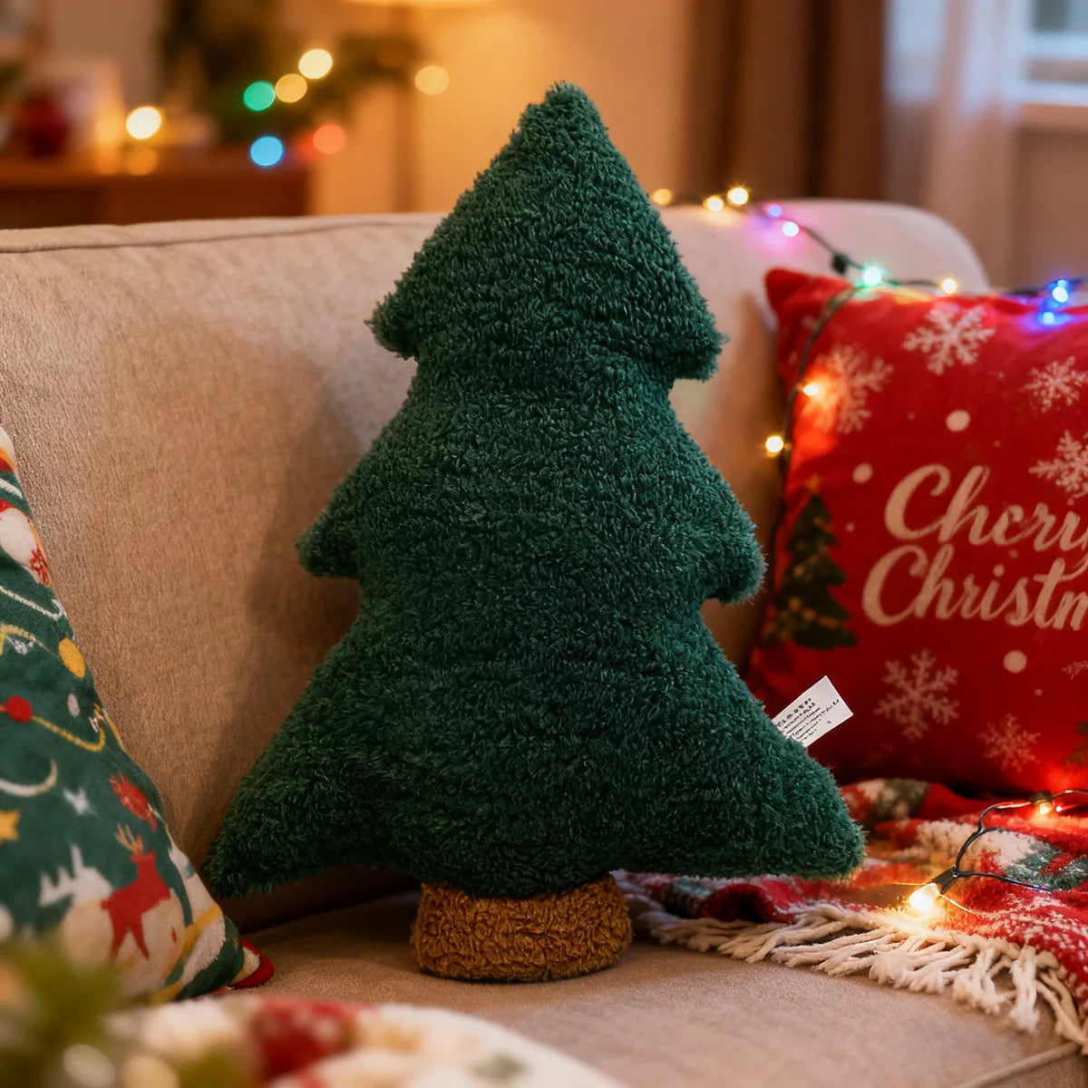 Christmas Tree Pillow, Plush Tree-Shaped Throw Cushion